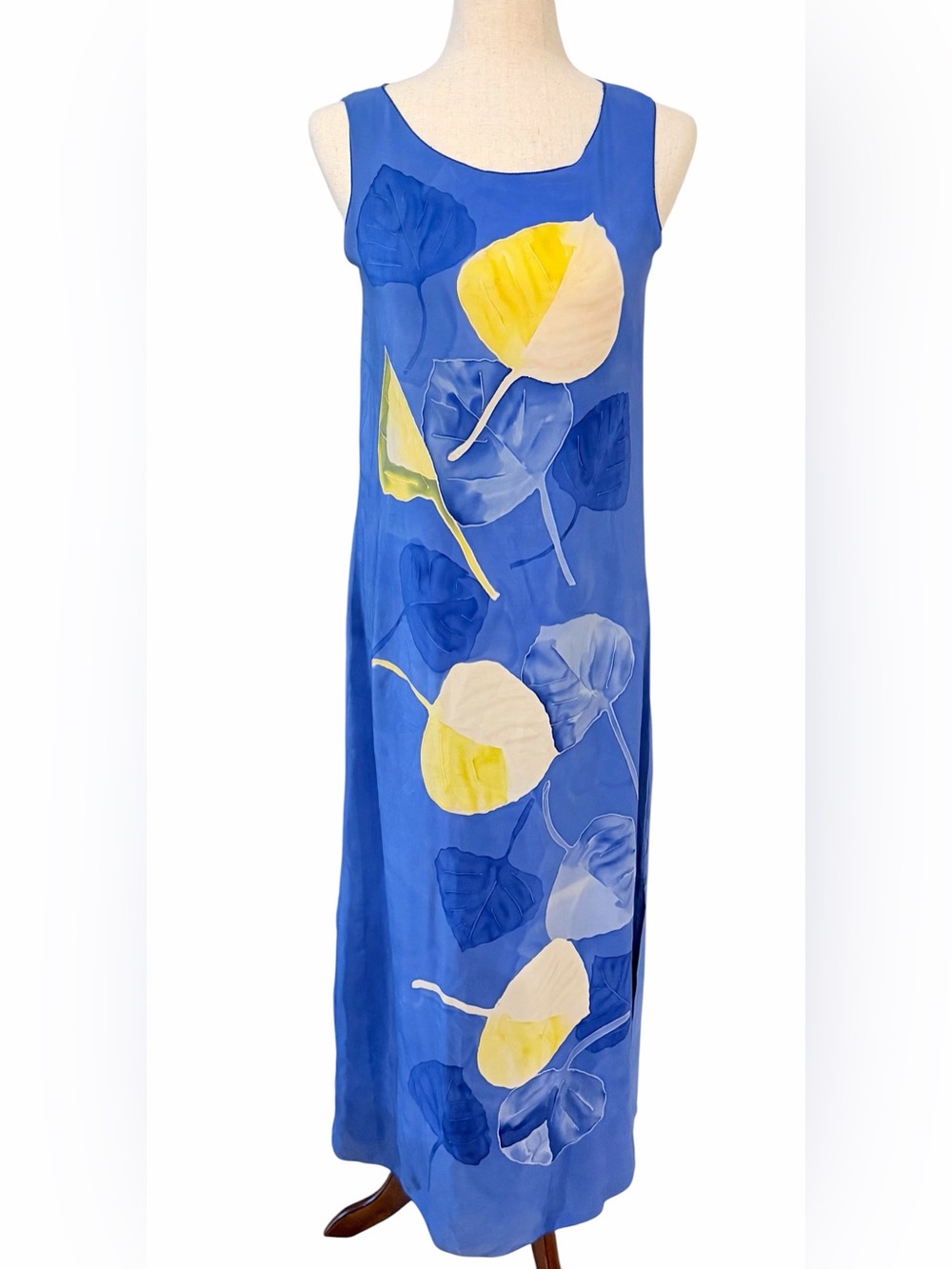 Vintage 1990s Hand Painted Silk Aspen Leaf Maxi Dress Cobalt Blue